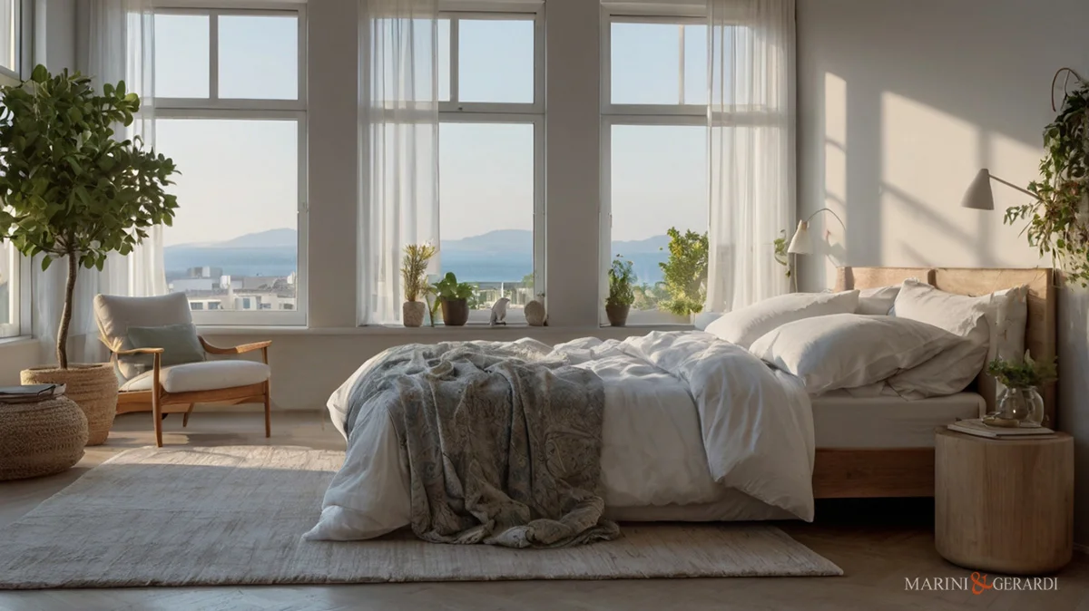 Tende Puro Lino Eleganza Sartoriale Arredare stanza da letto vista mare